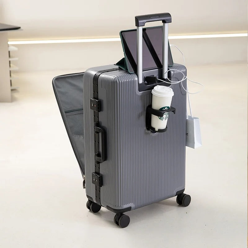 Multifunction Luggage Bag, with aluminum frame, multifunctional front opening, wheels, USB charging zipper trolley