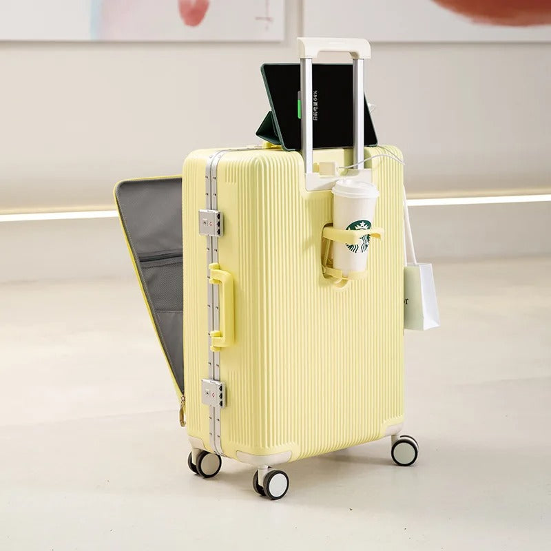 Multifunction Luggage Bag, with aluminum frame, multifunctional front opening, wheels, USB charging zipper trolley