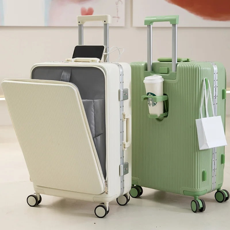 Multifunction Luggage Bag, with aluminum frame, multifunctional front opening, wheels, USB charging zipper trolley