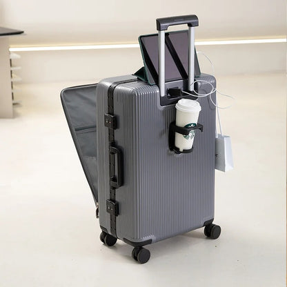 Multifunction Luggage Bag, with aluminum frame, multifunctional front opening, wheels, USB charging zipper trolley