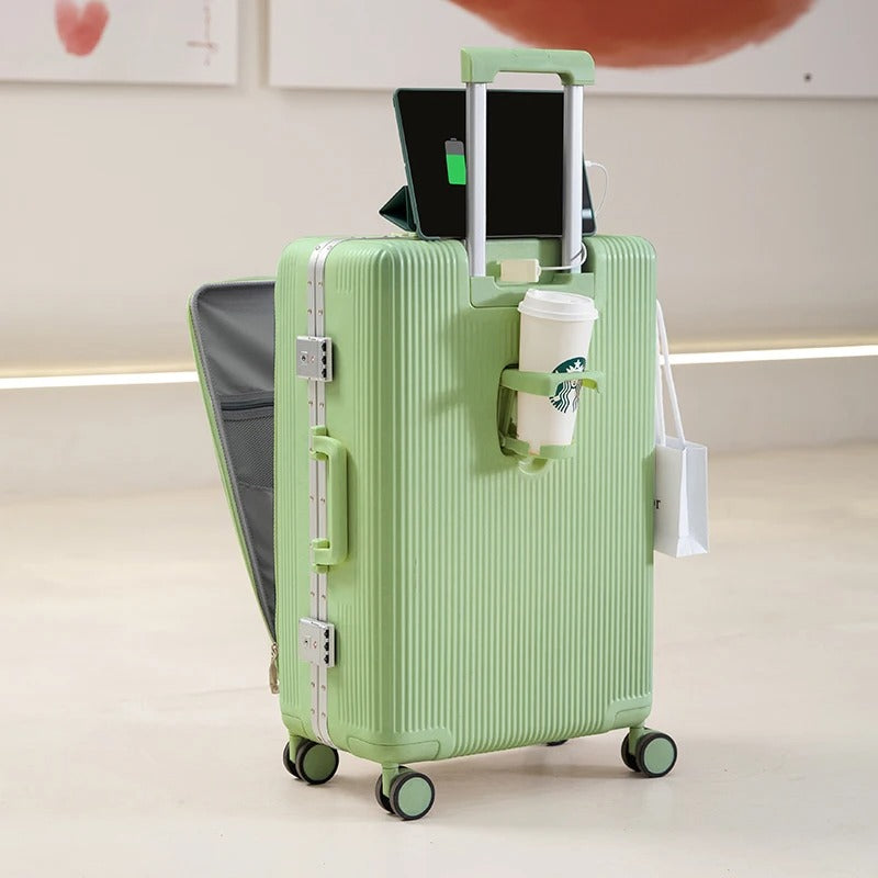 Multifunction Luggage Bag, with aluminum frame, multifunctional front opening, wheels, USB charging zipper trolley