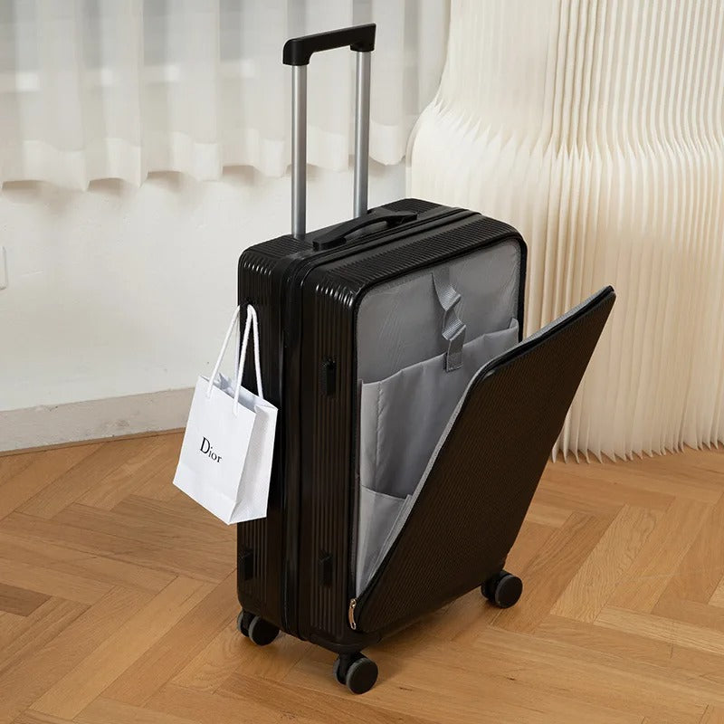 Multifunction Luggage Bag, with aluminum frame, multifunctional front opening, wheels, USB charging zipper trolley
