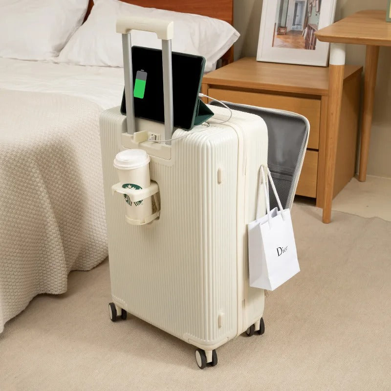 Multifunction Luggage Bag, with aluminum frame, multifunctional front opening, wheels, USB charging zipper trolley
