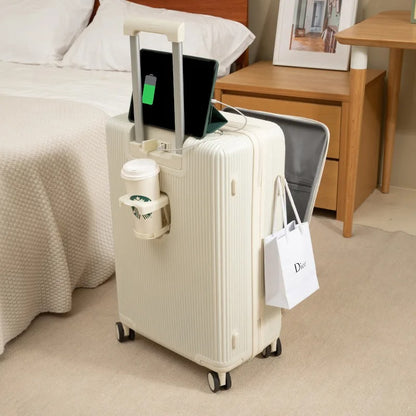 Multifunction Luggage Bag, with aluminum frame, multifunctional front opening, wheels, USB charging zipper trolley