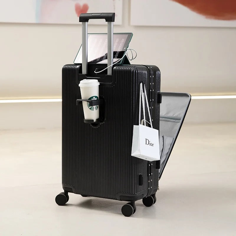 Multifunction Luggage Bag, with aluminum frame, multifunctional front opening, wheels, USB charging zipper trolley